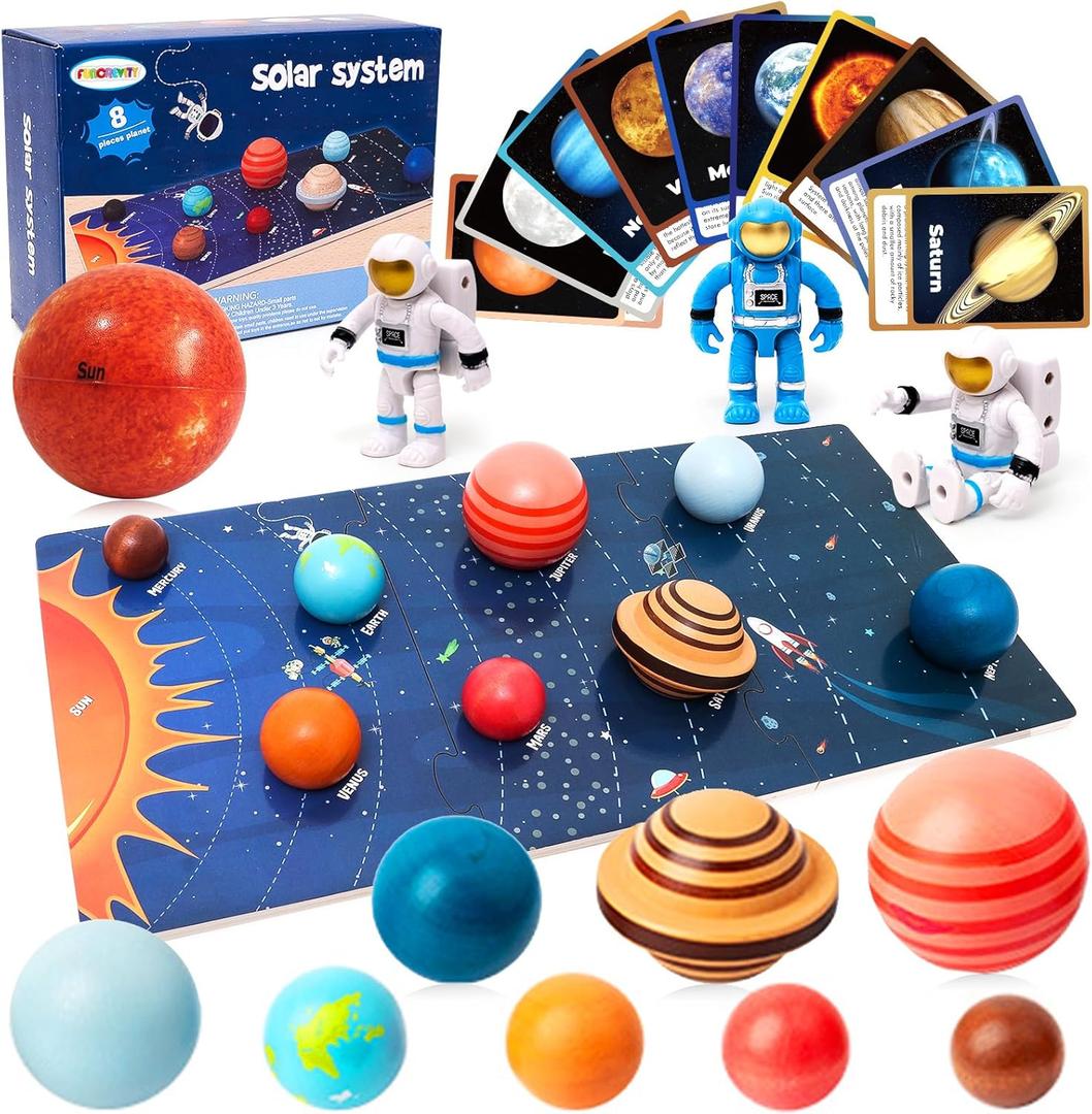 Wooden Solar System Model Board with Sun Stress Ball Astronauts Planet Flash Card Educational Montessori Toys Space Sensory Toys STEM Kits Christmas Birthday Gift for Kids Ages 3-8