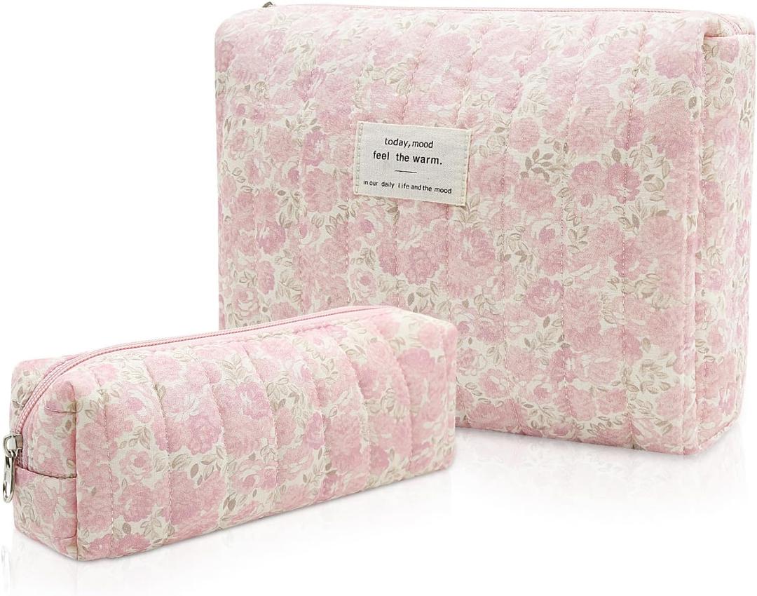 Gosect 2PC Makeup Bag Set, Cute Cosmetic Bag for Women Girls, Floral Coquette Aesthetic Toiletry Bag, Travel Make Up Organizer Bag (Pink Rose)