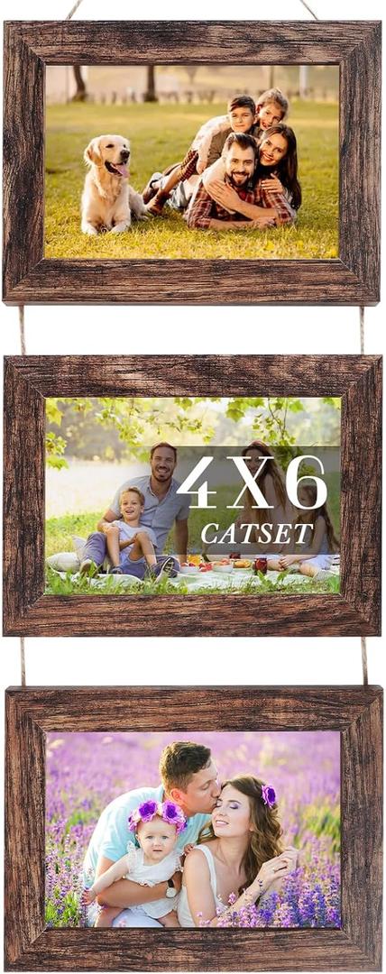 Wall Hanging Frame 5 x 7 Inch Collage 3 Picture frames, Wooden Gallery with String, Horizontal Collage Brown Triple Frame Made to Display 4 x 6 Inch Photos for Wall Wecoration, Set of 3 (Brown)
