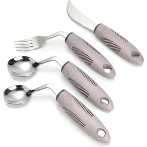 4-Piece Adaptive Utensils Set with Rocker Knife & Shovel Spoon - 42 Angled Parkinsons Utensils, 2.5 oz Weighted Silverware for Hand Tremors and Arthritis, Adaptive Eating Utensils (Grey Right-handed)