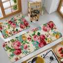 Kitchen Mats for Floor Set of 2 Pieces Kitchen Rugs and Mats Non Skid Washable Kitchen Floor Mat (Pink Red Roses Floral), 17''x47''+17''x30''