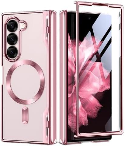 BERFY Upgraded Magnetic for Z Fold 6 Case, Compatible with Magsafe, [Built-in Screen Protector & Hinge Protection] Full-Body Plating Slim Shockproof Phone Case for Samsung Galaxy Z Fold 6 5g 2024, Pink