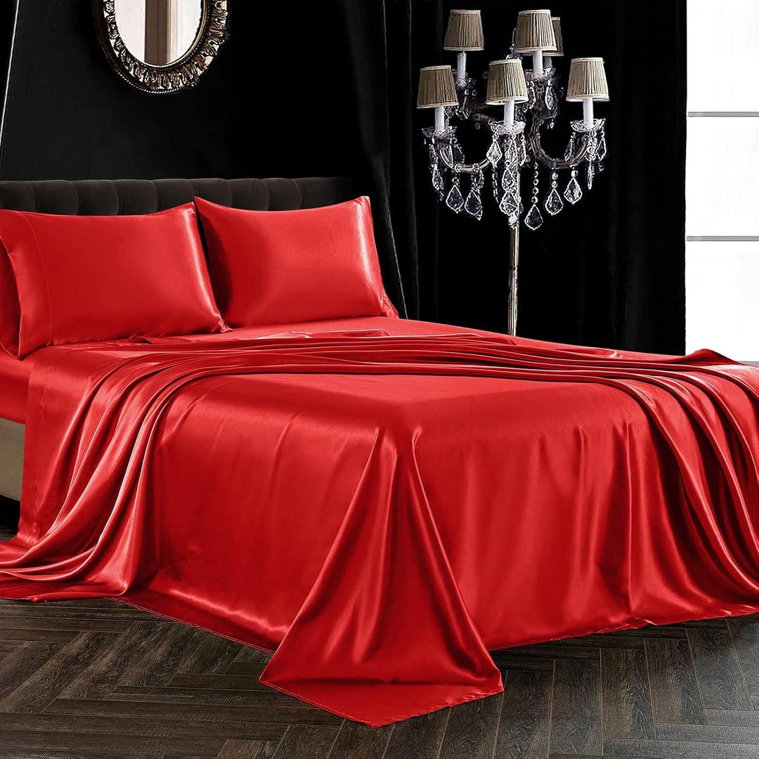 SiinvdaBZX 4Pcs Satin Sheet Set Queen Size Ultra Silky Soft Red Orange Satin Queen Bed Sheets with Deep Pocket, 1 Fitted Sheet, 1 Flat Sheet, 2 Envelope Closure Pillowcases