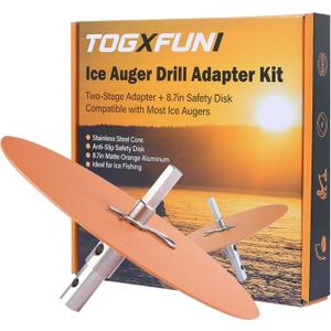 Ice Auger Drill Adapter & Attachment with 8.7" Orange Safety Disk, 2-Stage Stainless Steel Adapter for Ice Fishing Augers