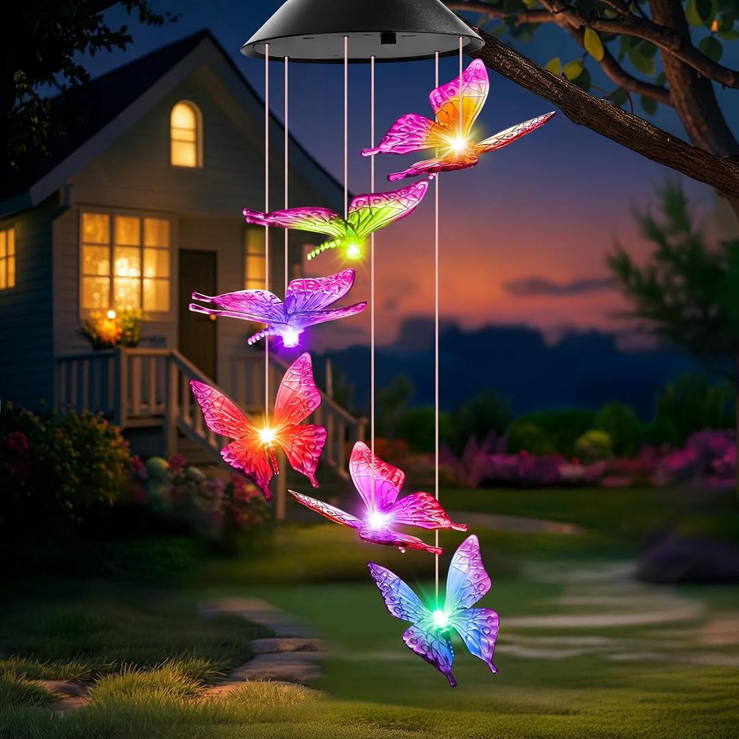 Mom Grandma Nana Gifts for Mothers Day, Birthday Gardening Gifts for Women Wife Sister, Winzwon Solar Lights Outdoor Wind Chimes for Outside Garden Yard Patio Porch Decor Butterfly Decorations