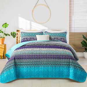 WONGS BEDDING Boho Quilt Full Size, Purple Blue Bohemian Lightweight Microfiber Bed Decor Bedspread for All Season 90"x78"(3 Pieces)