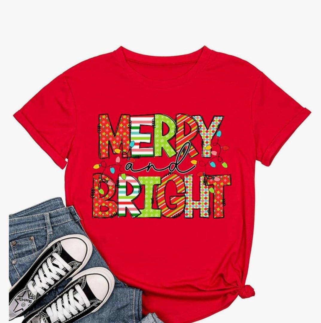 Woffccrd Womens Funny Christmas Shirts Merry and Bright T-Shirts Christmas Tree Shirts Merry Christmas Graphic Tee Tops Medium