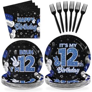 96 Pcs 12th Birthday Decorations for Boys Blue and Black Plates and Napkins Disposable Glitter It's My 12th Birthday Party Supplies for Boys Kids Teenager 12 Years Old Party DecorServes 24