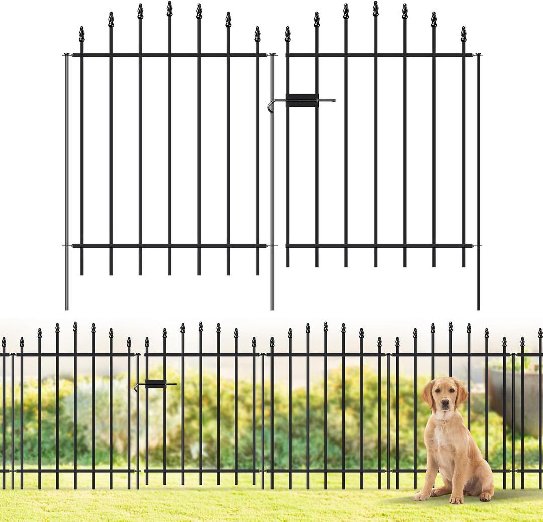 FOREHOGAR Metal Garden Fence with Gate 32 in H x 12 ft L, 1 Gate + 5 Panels Border Dog Fence Panels Animal Barrier, No Dig Garden Fencing for Yard Patio Flower Bed Lawn Outdoor, Arch Black
