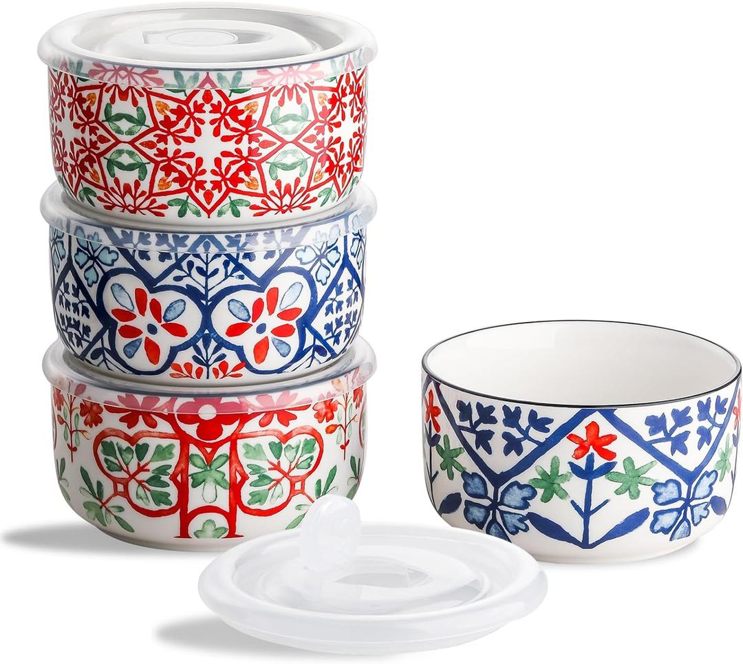 Ceramic Bowl with Lid: Microwave Safe Soup Containers Set of 4 for Meal Prep, Cereal, Salad, Picnic, Camping, Office Lunch, Kitchen Food Storage - 5 Inch, 20 oz, Design A