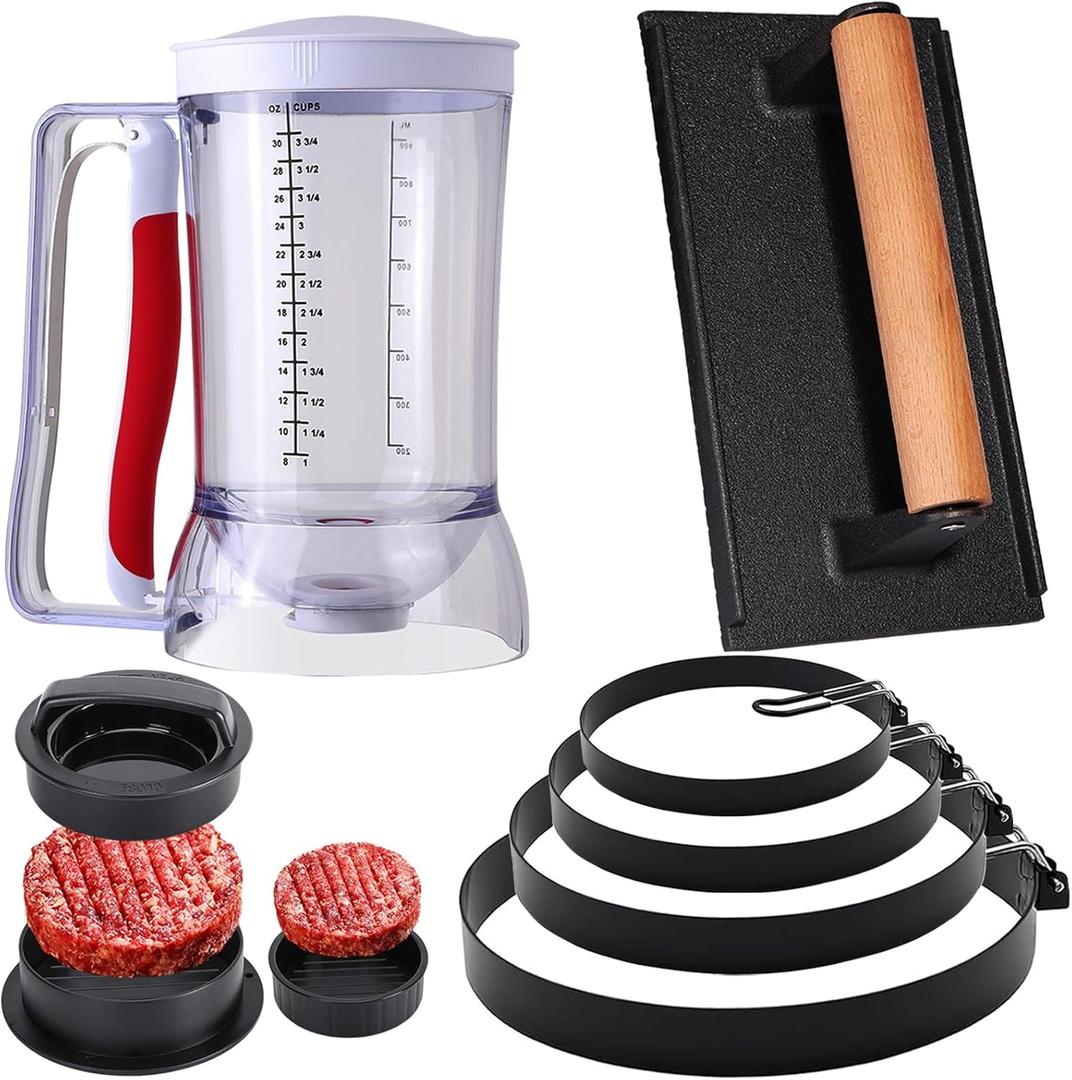 Breakfast Kit for Blackstone, 7-Piece Griddle Accessories- Pancake Batter Dispenser, Burger Press, Egg Ring Set and Hamburger Press Patty Maker Included