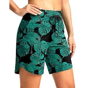 G Gradual Women's 7" High Waisted Swim Board Shorts with Pockets Quick Dry Beach Swimming Shorts for Women with Liner(Leaf, L) 