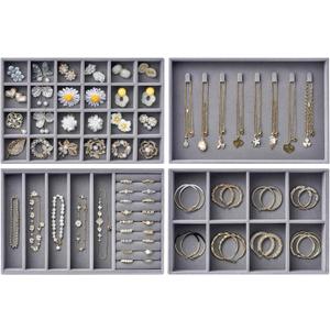 Velvet Jewelry Drawer Organizer Trays Large Grey Stackable Jewelry Storage Inserts Set, 4-Layer Jewelry Tray Set for Earrings, Rings, Necklaces, Bracelets with Removable Dividers for Dresser, Vanity