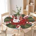 Christmas Round Fitted Tablecloth with Elastic Edge,Water-Resistant Wipeable Red Winter Snowman Bird Green Xmas Trees Table Cover for 40-44" Stretch Table Cloth for Dinner Indoor Outdoor Party