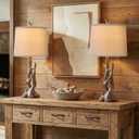 OYEARS 23" Rustic Farmhouse Table Lamp Country Cottage Lamps for Nightstand Tree Trunk Wood Grain Lamp for Bedroom Living Room with Oatmeal Fabric Round Shade Resin Bedside Lamp (Twig Dark Brown)