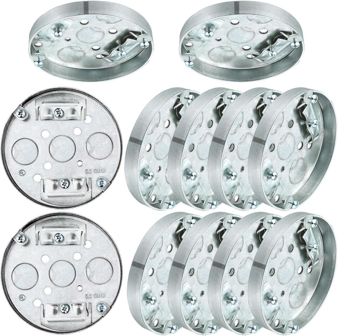 Hicarer 10 Pcs R 4" Round Shallow Electrical Box Pancake Electrical Box Ceiling Fan Box with 1/2" Deep 1/2" Bottom Knockout for Ceiling Fan Wall Lighting Fixture with Retaining Clip Galvanized Steel