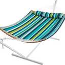 SUPERJARE Curved-Bar Hammock with Stand, 2 Person Heavy Duty Hammock Frame, Detachable Pillow & Portable Carrying Bag, Perfect for Outdoor & Indoor, Blue-Green Stripe
