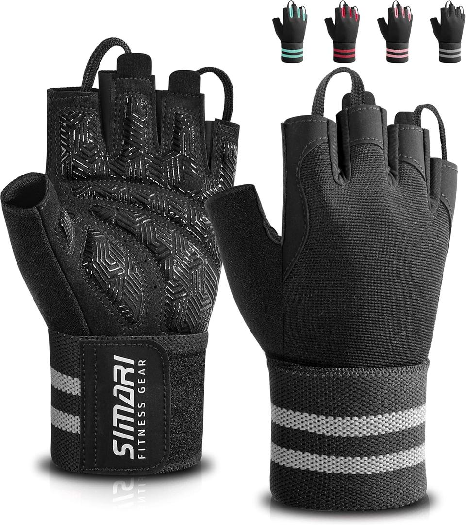 SIMARI Workout Gym Gloves for Men Women, Weight Lifting Gloves with Wrist Wrap Support, SBR Pad Grip for Full Palm Protection, for Exercise, Fitness, Dumbbells, Barbell, Climbing, Fingerless (Large, Black)