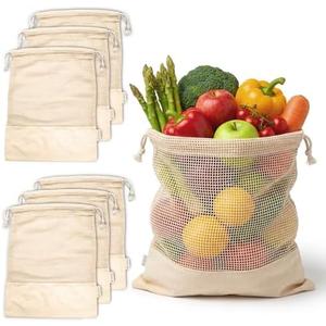 LEAFICO Reusable Produce Bags – Pack of 4, 100% Cotton Mesh & Solid Hybrid (Small 8x10 inch 4 Pcs) – Cloth Grocery Bags for Garlic, Nuts, Onions, Bulk Snacks – Washable, Plastic-Free, Breathable, Zero Waste (Natural)