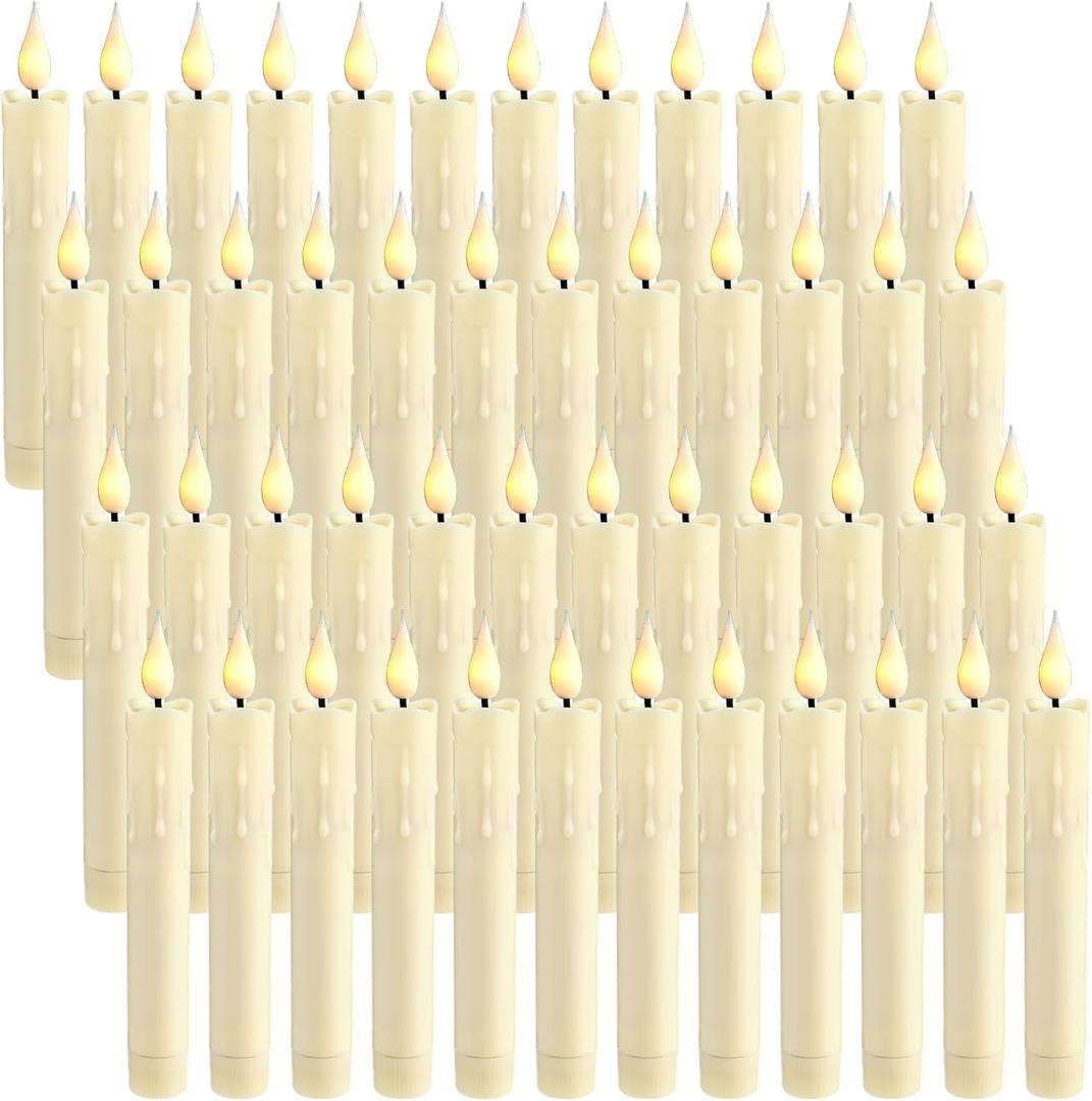 Baquler 48 Pcs 6.5 Inch Ivory Flameless Taper Candles LED Candle Sticks Battery Operated Flickering LED Candlestick Window Plastic Candle for Wedding Halloween Christmas Decor(No Battery)