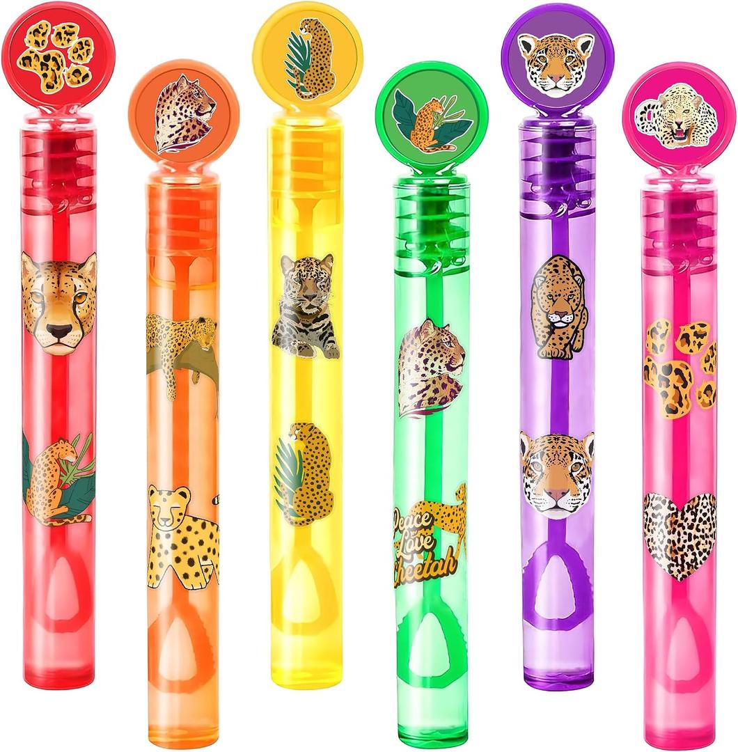 24PCS Cheetah DIY Bubble Wands Party Favors 96PCS Stickers for Goodie Bag Fillers Pinata Stuffers, Mini Bubble Bulk Birthday Party Supplies Toys Gifts Class Prizes for Toddlers Boys Girls