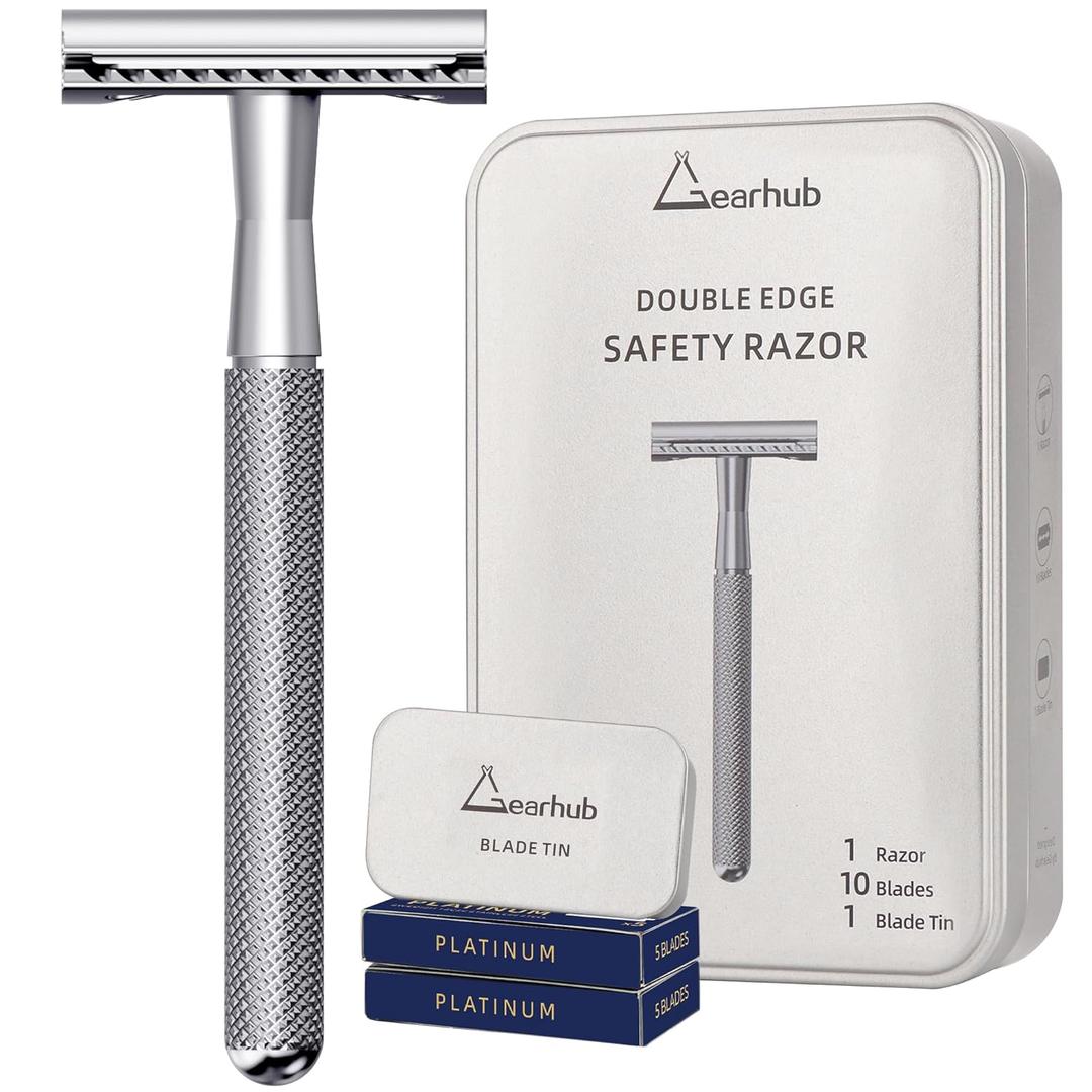 Double Edge Safety Razor Stainless Steel Metal Reusable Wet Shaving Razor with 10 Swedish Platinum Blades for Men Women Barber Bikini Armpit Hair, Silver GRB3G