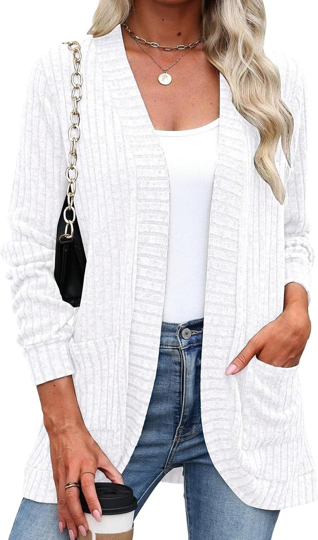 Halife Womens Cardigan Sweaters with Pockets Lightweight Casual Cardigan | Long Sleeve Open Front Flowy Dressy Soft Light Weight Cardigan Sweater Casual Jacket Summer Fall Fashion (White, M)