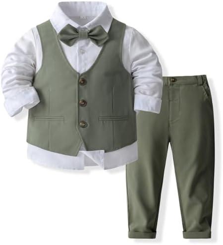 IDOPIP Toddler Kids Baby Boys Formal Suit Gentleman Outfit Long Sleeve Shirt with Bowtie + Vest + Pants Overalls Clothes 2-3Y