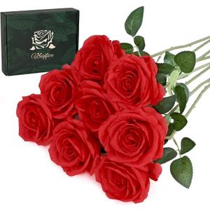 Waipfaru 8 Pcs Fake Red Roses Artificial Flowers Bulk, Real Touch Silk Faux Roses with Long Stems for Wedding Bouquet Vase Flower Arrangement (Red)