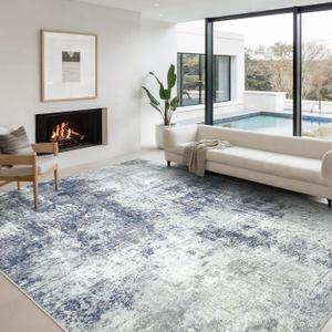 Washable Area Rugs for Living Room 9x12 - Large Neutral Modern Abstract Rug, Soft Low Pile Carpet with Non Slip Backing for Under Dining Room Table, Bedroom, Home, Office, Dorm - Indigo Gray (9' x 12' (Rectangular), Denim Blue/Gray)