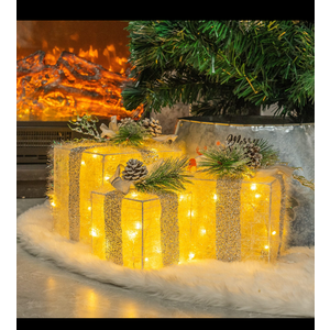 Set of 3 Christmas Lighted Gift Boxes, Plug in 60 LED Light Up Tinsel Present Box Decorations for Outdoor Indoor Christmas Tree, Yard, Home Decor (Max. Size 7.5 x 7.5 x7.1 Inch) (Warm White)