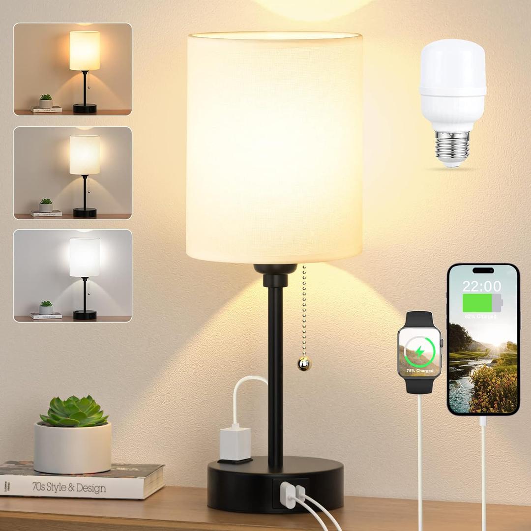 Small Bedside Table lamp for Bedroom - 3 Color Temperatures Bedside Lamps with USB C and A Ports, Pull Chain Table Lamps with AC Outlet, White Nightstand Lamps with Black Metal Base for Kids Reading (14.6 in)