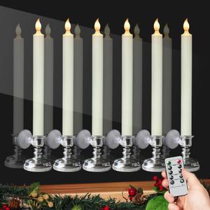 DRomance Flameless Window Candles with Remote and Timer, Battery Operated LED Taper Candles with Suction Cups Set of 6 Christmas Window Candle Holiday Decor(Silver Holders)