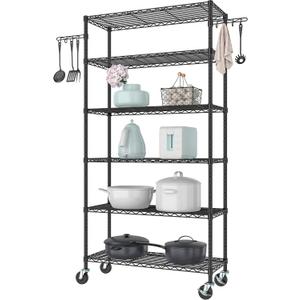 6-Tier Metal Storage Rack with Wheels, Sturdy Adjustable Wire Shelving Unit Rolling Shelf for Garage, Kitchen, or Pantry, 36" W x 14" D x 75" H, Black