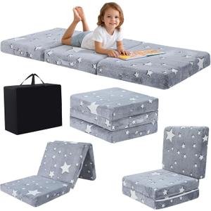 MeMoreCool Foldable Floor Mattress for Kids, Glow Star Trifold Mat, Kids Folding Mattress Portable Futon, 57x22 Inch Grey