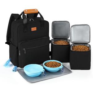 Dog Travel Bag, 25L Airline Approved Dog Travel Backpack for Pet Travel Accessories with 2 Food Storage Containers, 2 Foldable Bowls for Short Trips, Black