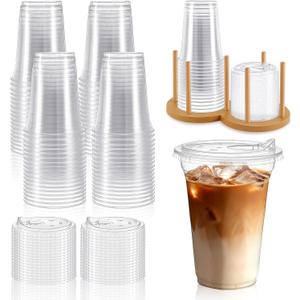Roshtia 100 Pack 16 oz Clear Plastic Cups with Sip-lids and Bamboo Storage Holder, Disposable Plastic Smoothie Iced Coffee Cups for Cold Drinks Milkshake Bubble Tea Party Drinks