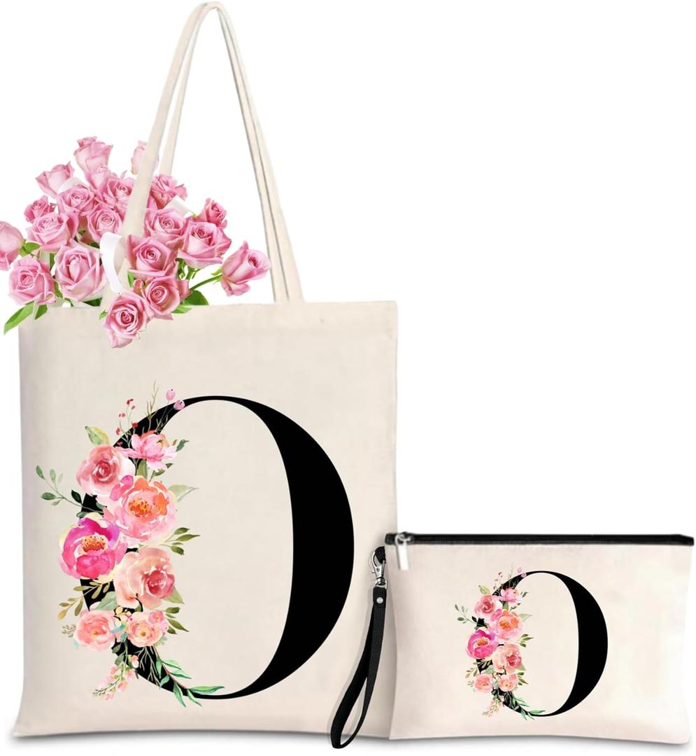 Initial Canvas Tote Bag for Women, Personalized Monogrammed Tote Bags with Makeup Gift Bag for Wedding Bridesmaids Birthday