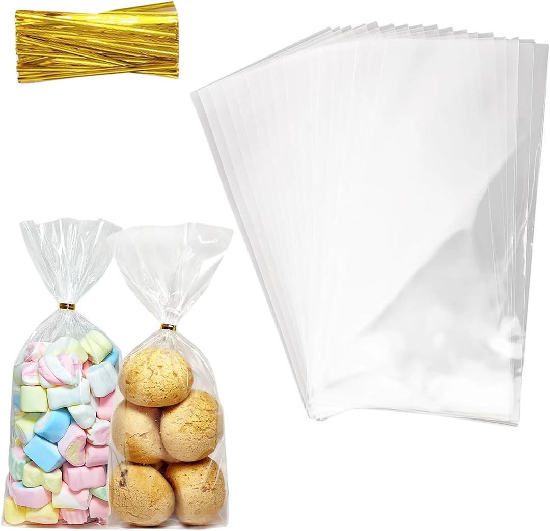 QOIUSO 100pcs Cellophane Treat Bags: 5 x11 Inch Clear Cellophane Bags for Treat Candy Snacks Cookies Dessert Bakery Gift Wrapping - Plastic Goodie Bags with 110 Twist Ties for Party Favors