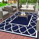 Patio Door Rugs Outdoor Indoor, Indoor Outdoor Area Rug Geometric Designs, Outdoor Deck Carpet for Under Patio Table Non Slip Outdoor Rugs Foldable for Garden, Balcony, RV, Camping Blue and White Carpet 54" x 75"