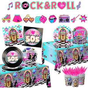 1950s Party Decorations,143Pcs 50's Theme Party Decorations Rocking Music Party Tableware Set 50's Rock and Roll Plates Napkins Hip Hop Tablecloth for 50s Diner Party Anniversary Disposable Supplies