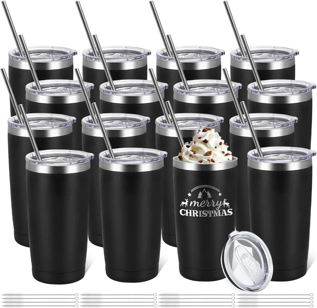 YOUKE OLA 16 Pack Stainless Steel Tumbler Bulk Insulated Vacuum Travel Mug Powder Coated Coffee Mug Gift for Laser Engrave, 20oz Black