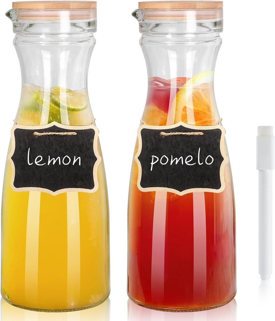 Glass Carafe with Lids, 40 oz, Set of 2-1 Liter Mimosa Bar Water Pitcher, Beverage Dispensers, Wide Mouth, Perfect for Juice, Cold Drink, Milk, Iced Tea, Lemonade - 2 Wooden Chalkboard Tags (Clear)