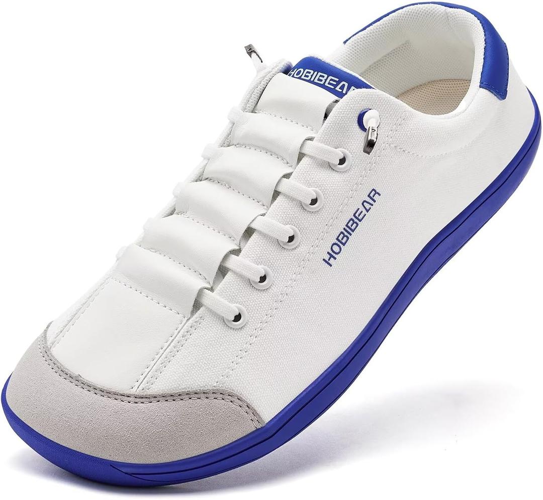 HOBIBEAR Barefoot Minimalist Shoes Womens Mens | Zero Drop | Wide Width Canvas Slip-on Shoes (White/Blue)