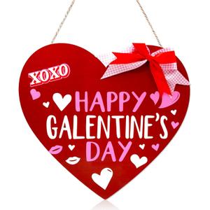 Happy Galentine's Day Wooden Hanging Sign Valentines Day Door Hanger Wood Heart Door Wreaths with Red Pink Buffalo Bowtie for Galentines Day Hanging Valentines Day Door Decor