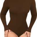 GEMBERA Womens Stretchy Long Sleeve Turtleneck Ribbed Knit Fitted Basic Bodysuit Shirt (Medium, Brown)