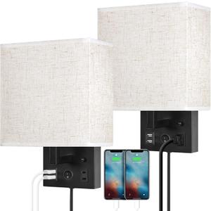 CADUKE Bedside Wall Lamp Set of 2, Plug in Wall Sconce with USB Charging Port and AC Outlet, Modern Black Brushed Nickel Wall Light with Plug in Cord for Living Room Office, E26 LED Bulb Included