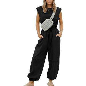 COCCKO Womens Casual Jumpsuit Crewneck Cap Sleeve Long Wide Leg Pants One Piece Outfits Drawstring Romper with Pockets Small