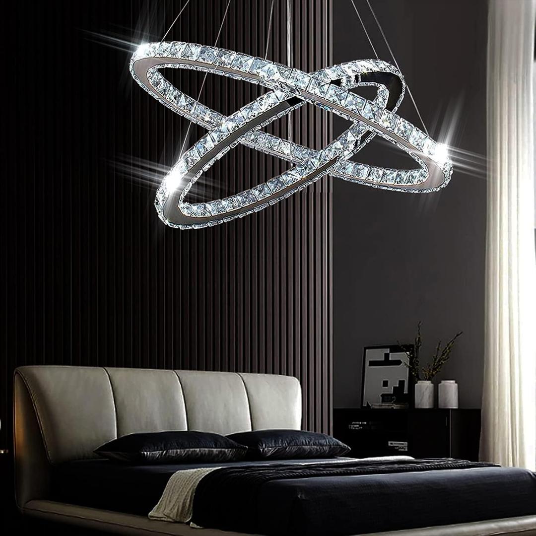 Finktonglan 23.6" Oval Crystal LED Chandelier, Modern 2 Ring Hanging Light Fixture, Cool White 6500K, Non-Dimmable, Built-in LED Pendant Light for Dining Room Bedroom