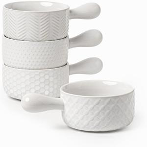 FOBENTA 20oz Ceramic Soup Bowls with Handle, Set of 4,Textured Embossed Stoneware for Chili, Stew, Cereal,Microwave & Dishwasher Safe, Rustic Dinner Bowls for Home Kitchen